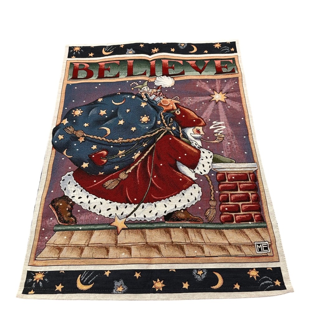 Mary Engelbreit Christmas Tapestry Wall Hanging 26x36 Believe Santa Red Vintage